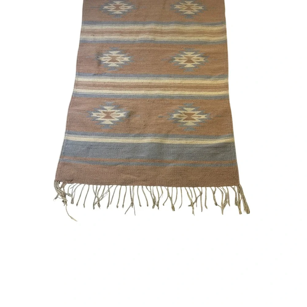 Southwestern Handwoven Wool Rug Tapestry Geometric Diamond Terracotta Blue 24x41